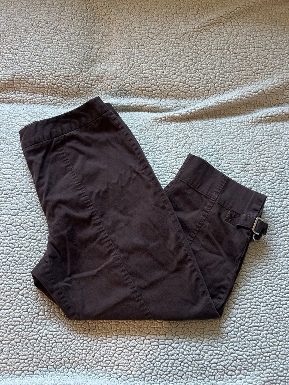 RQT -- brown cotton flared capri pants, buckle details at bottom of leg